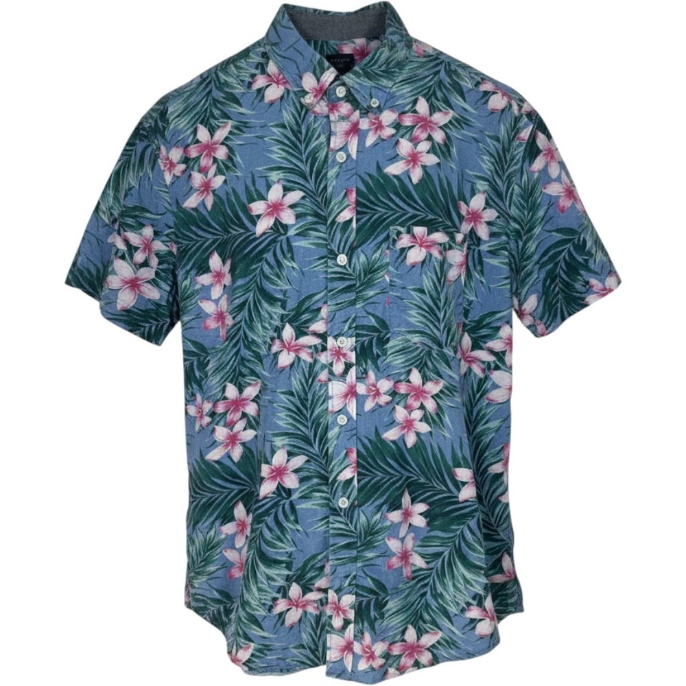 J Crew Men Large Blue Tropical Floral Palm Short Sleeve Button Down Shirt Cotton